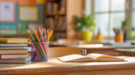 Welcoming classroom scene, where a rustic wooden desk is filled with colorful books, open notebooks, and a vibrant container of pencils. Back to school atmosphere.
